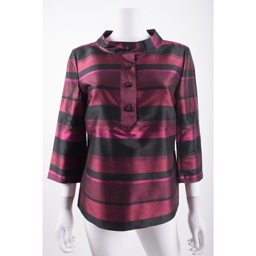 Talbots Womens Blouse Shirt Purple Striped Silk Rhinestone Button Up US 10 NWT